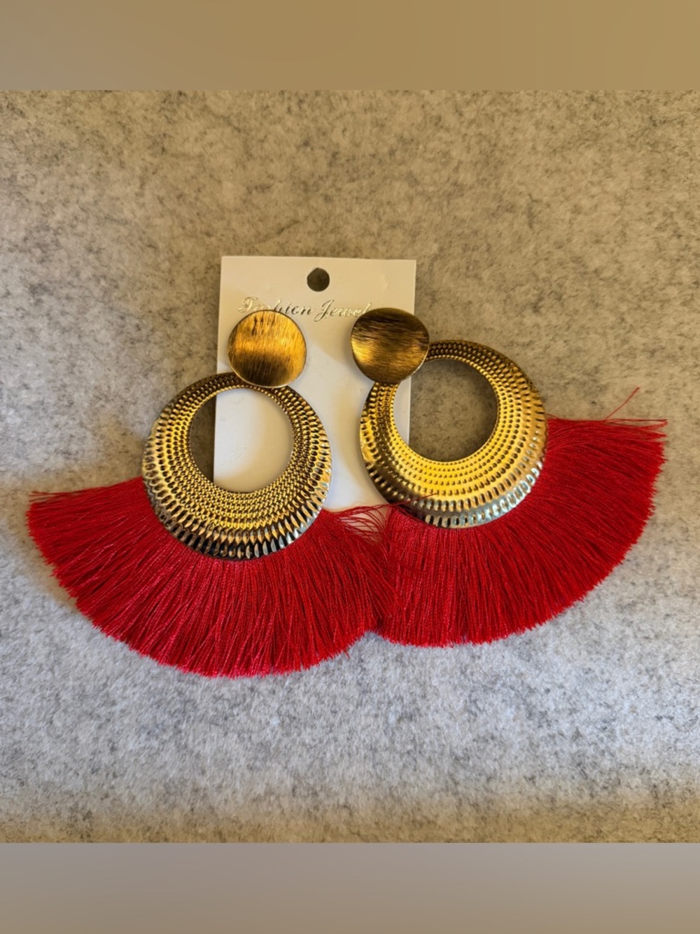 Gold Tone Hoop Earrings with Red Tassel Fringe